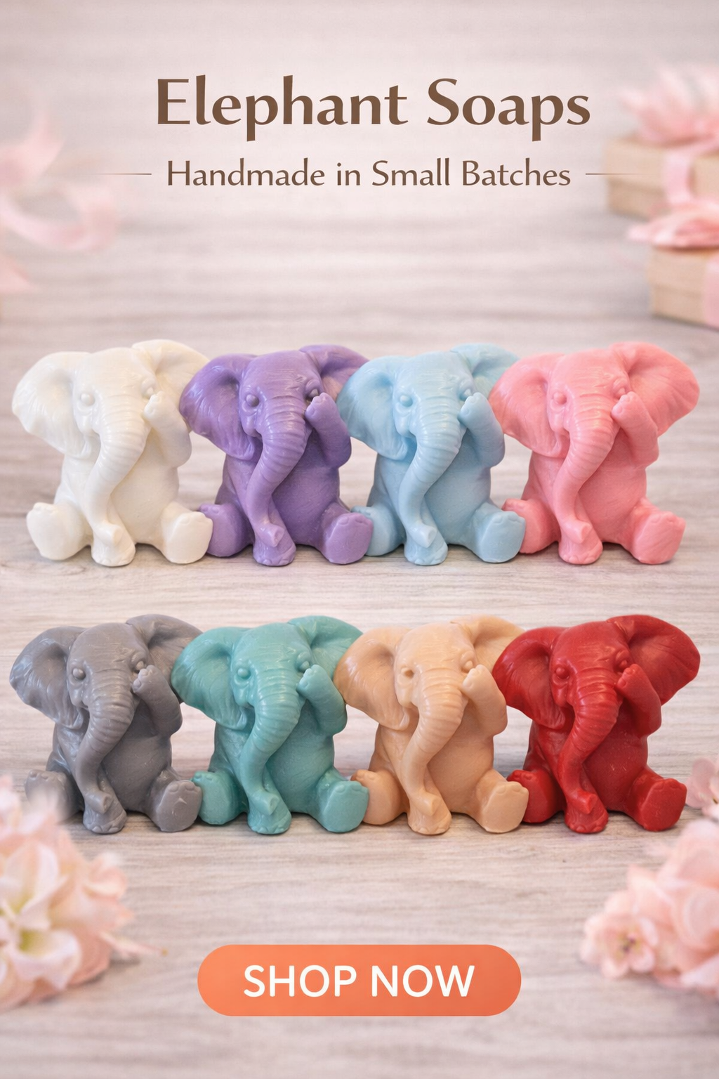 Colorful elephant soaps in assorted fragrances—handmade, scented, and perfect for gifts and kids.