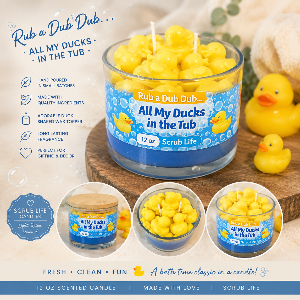 Handmade rubber duck candle with adorable duck wax toppers in glass jar.