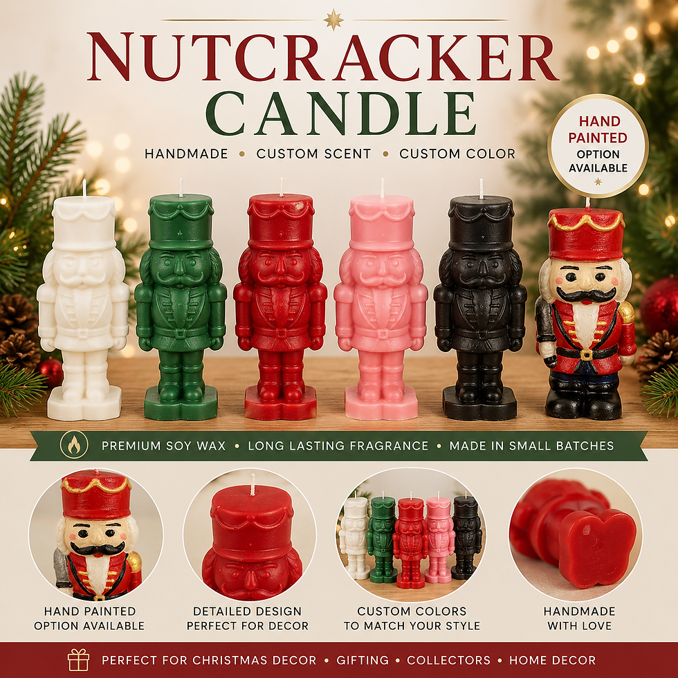 Handmade nutcracker candle available in custom colors and scents.