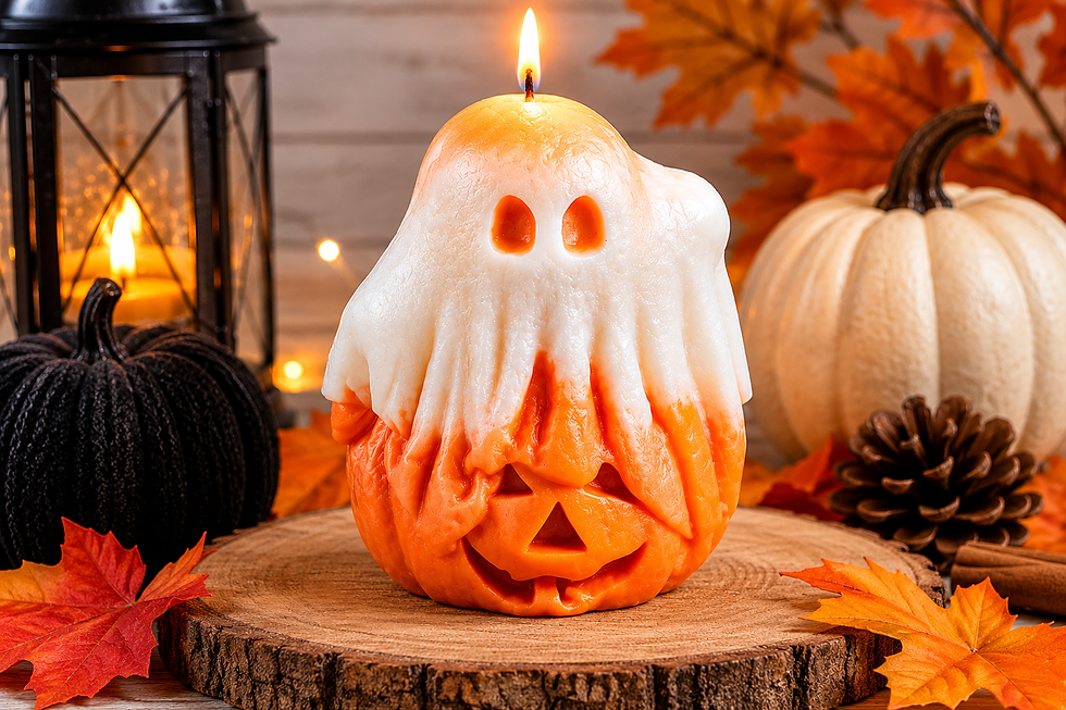 Cute ghost candle sitting on a pumpkin with custom scent and color options.