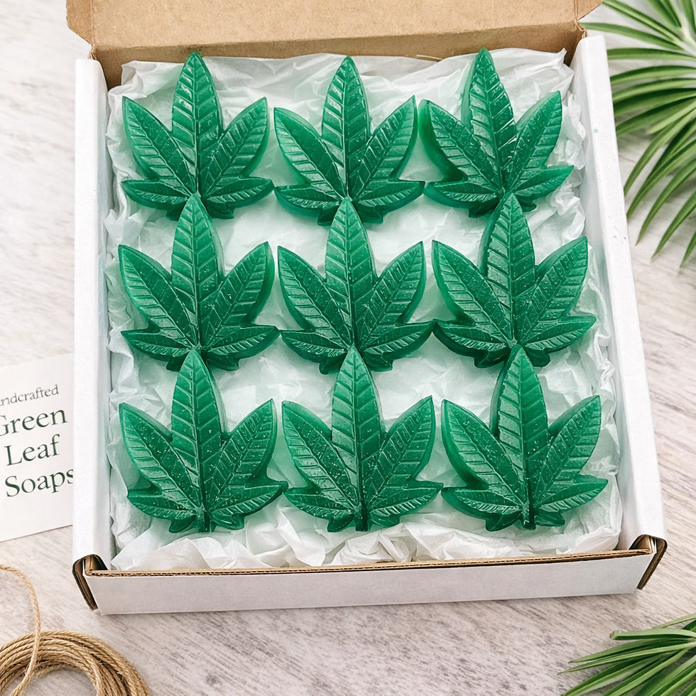 Handmade cannabis leaf soap set of 9 with custom color and scent options for gifts and party favors.