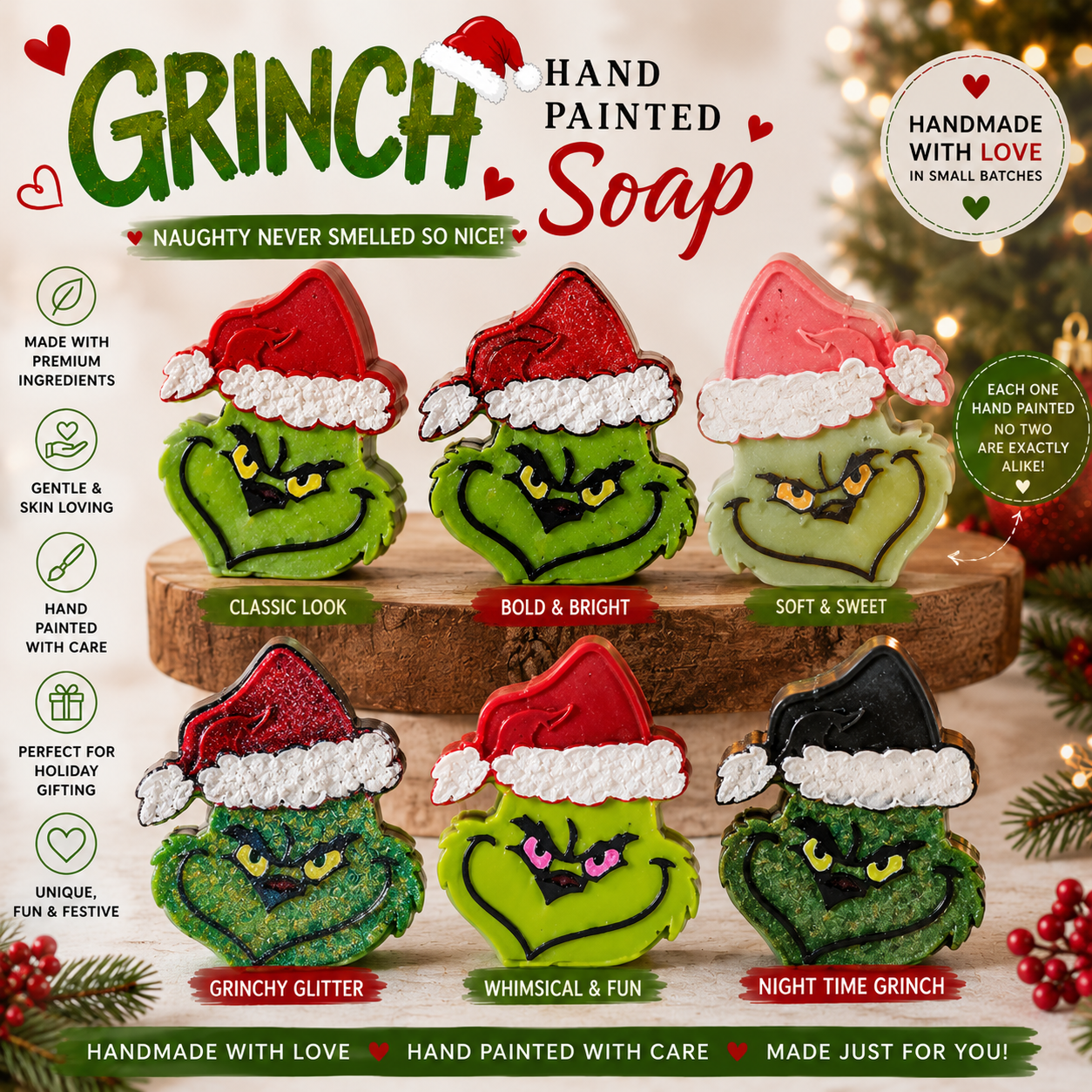 Handmade Grinch Christmas soap with festive holiday design and premium fragrance.