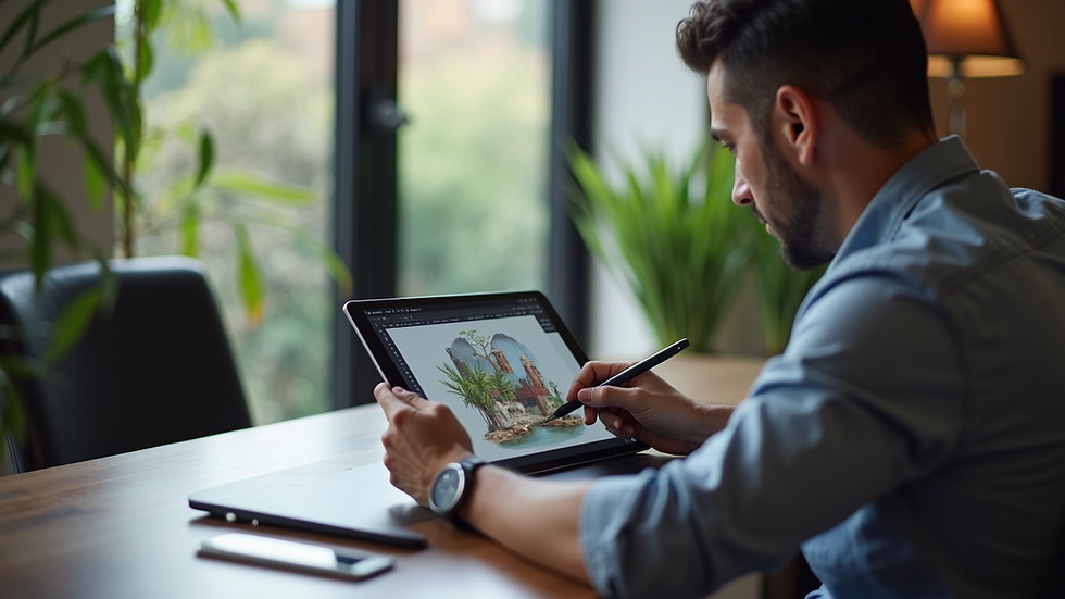 Vista lateral de um designer trabalhando em um tablet com ilustração digital