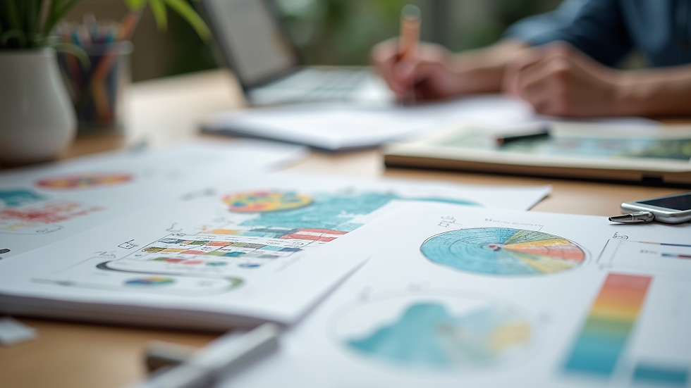 Close-up view of a designer's desk with sketches and color palettes