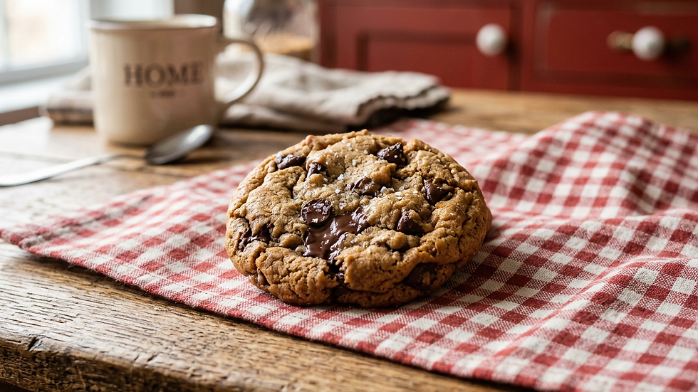 Eye-level view of a freshly baked chocolate chip cookie on a rustic wooden table