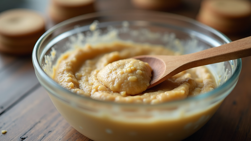 Close-up view of a wooden spoon stirring cookie dough in a glass bowl
