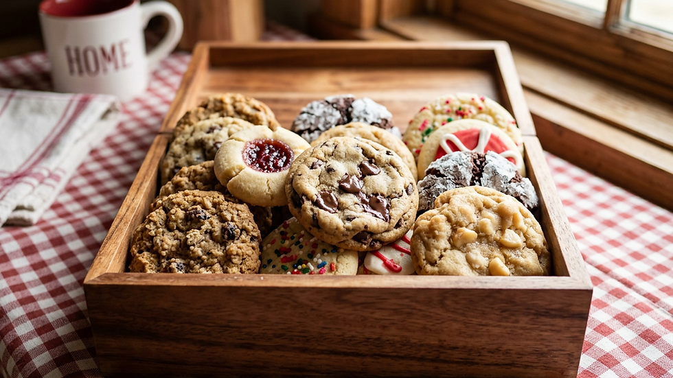 Close-up view of a box filled with assorted gourmet cookies