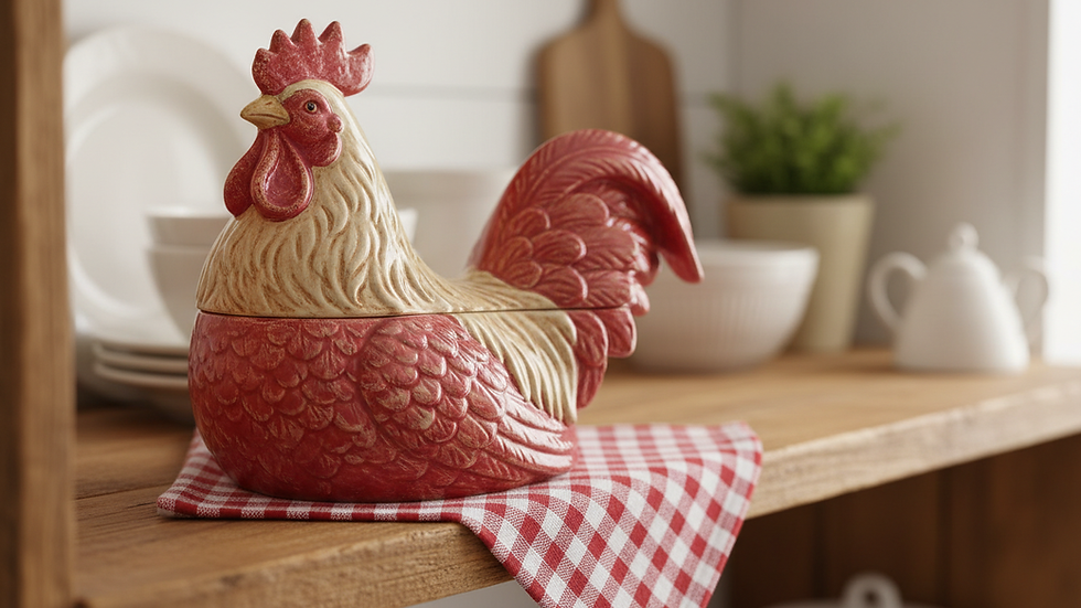 Eye-level view of a red rooster cookie container on a rustic kitchen shelf