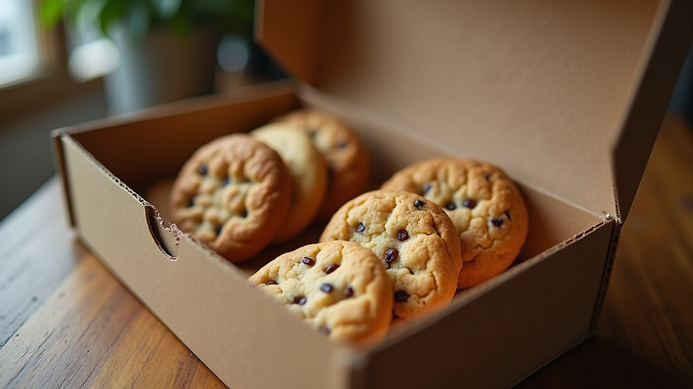 Eye-level view of a cookie box with a variety of cookies inside