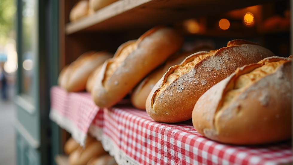 Close-up view of a rustic bakery storefront with fresh bread displayed