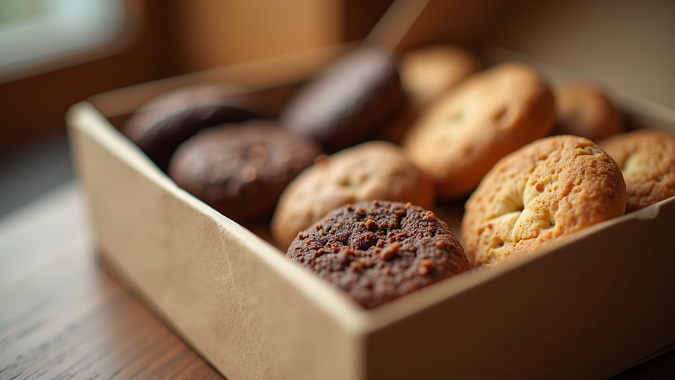 Close-up view of assorted gourmet cookies in a box
