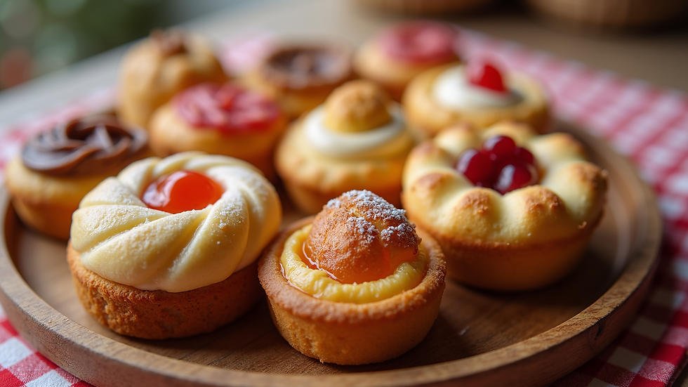 High angle view of a colorful assortment of mini pastries on a wooden tray