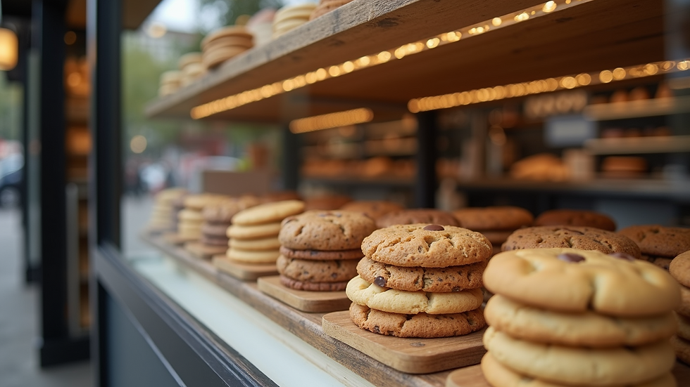 Eye-level view of a bakery storefront with cookie displays