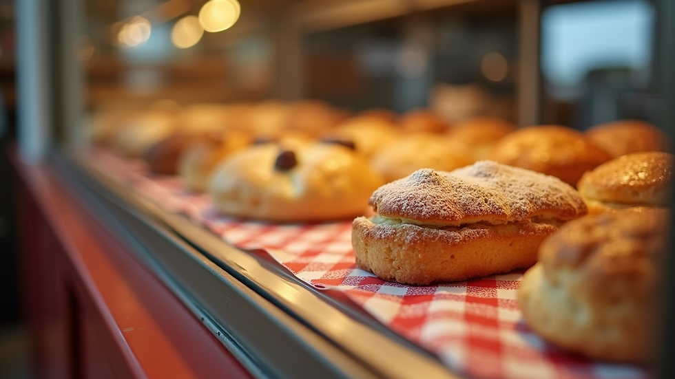 Eye-level view of a bakery display case filled with assorted pastries
