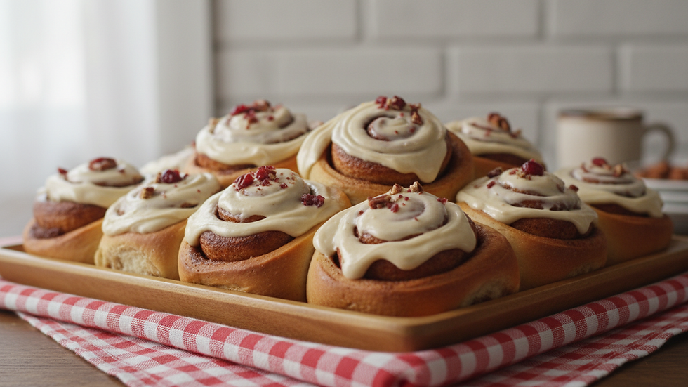 Eye-level view of a tray of cinnamon rolls with cream cheese frosting