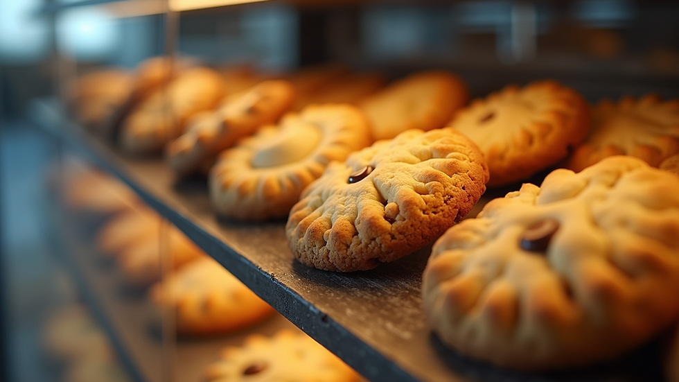 Close-up of a cookie display case