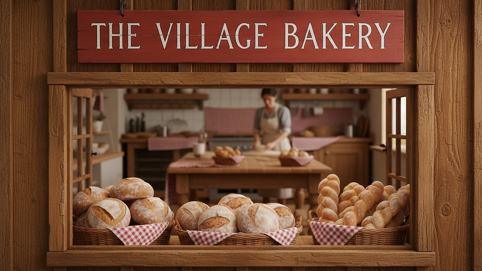 Close-up view of a rustic bakery storefront with fresh bread displayed