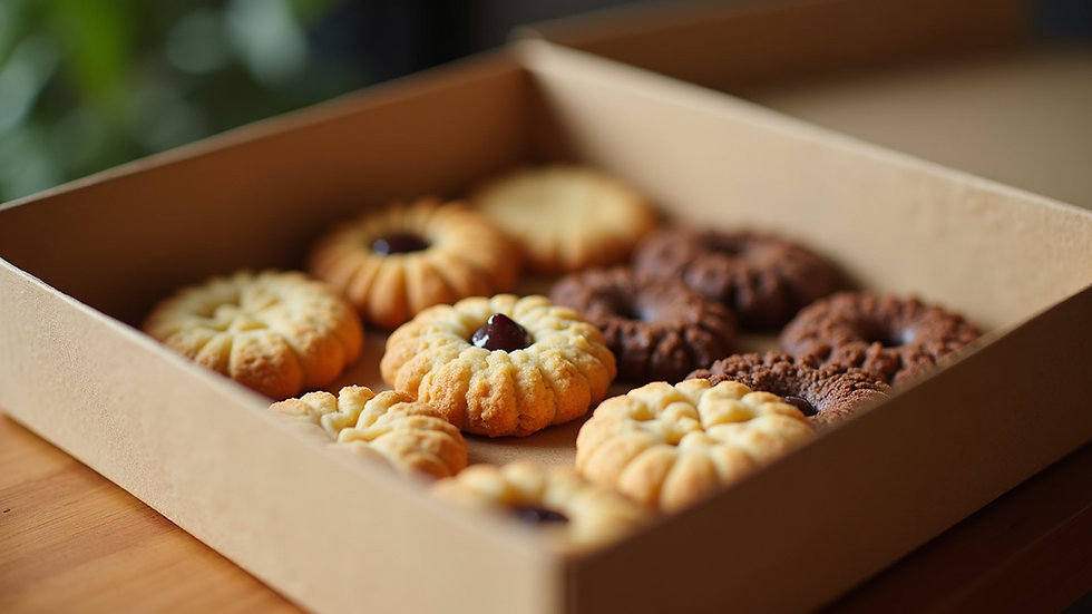 Close-up view of assorted cookies in a delivery box
