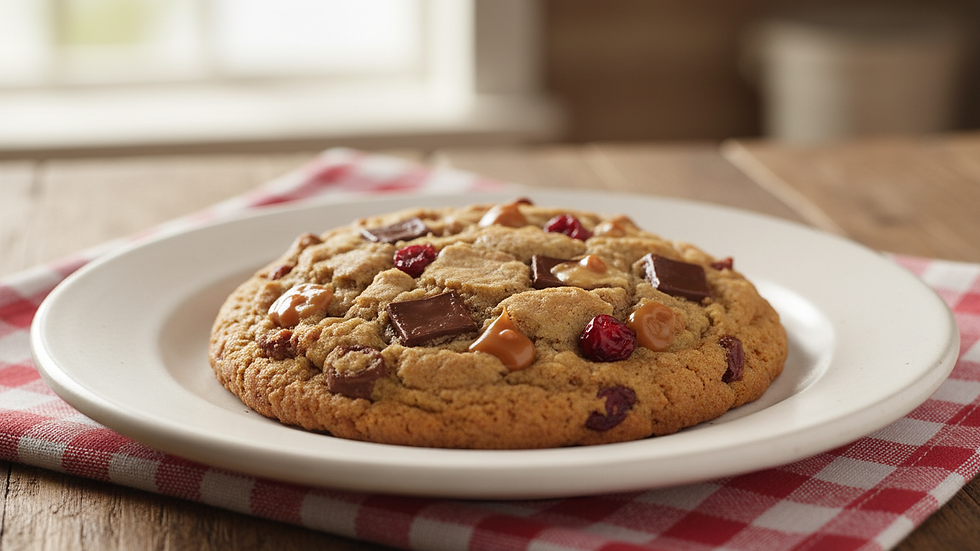 Close-up view of a single gourmet cookie on a white plate