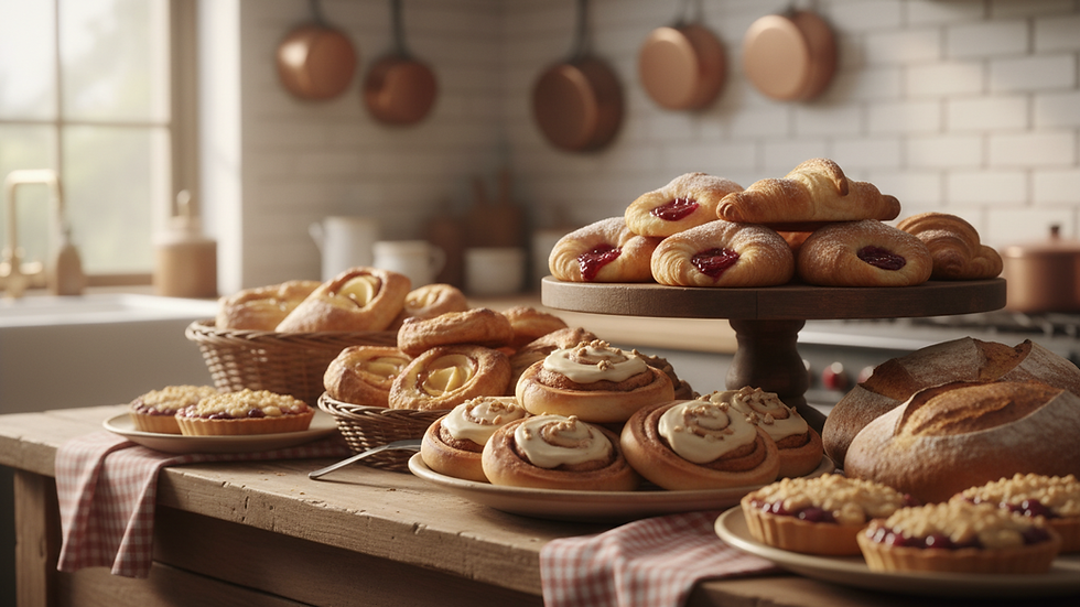 Eye-level view of a rustic bakery display with assorted artisan pastries