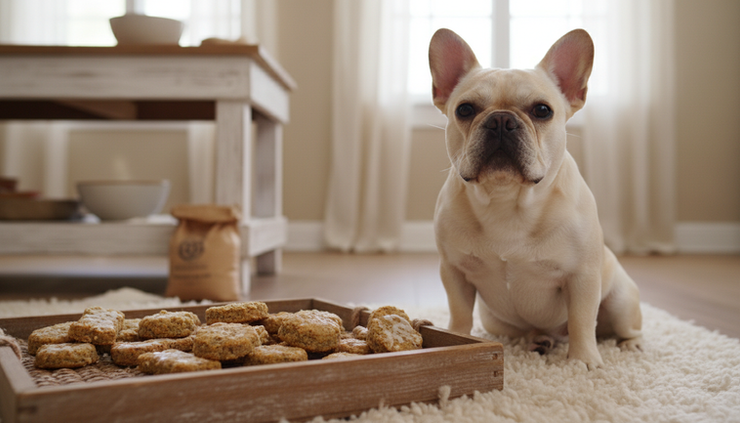 Close-up of a French Bulldog sitting beside a tray of homemade dog treats