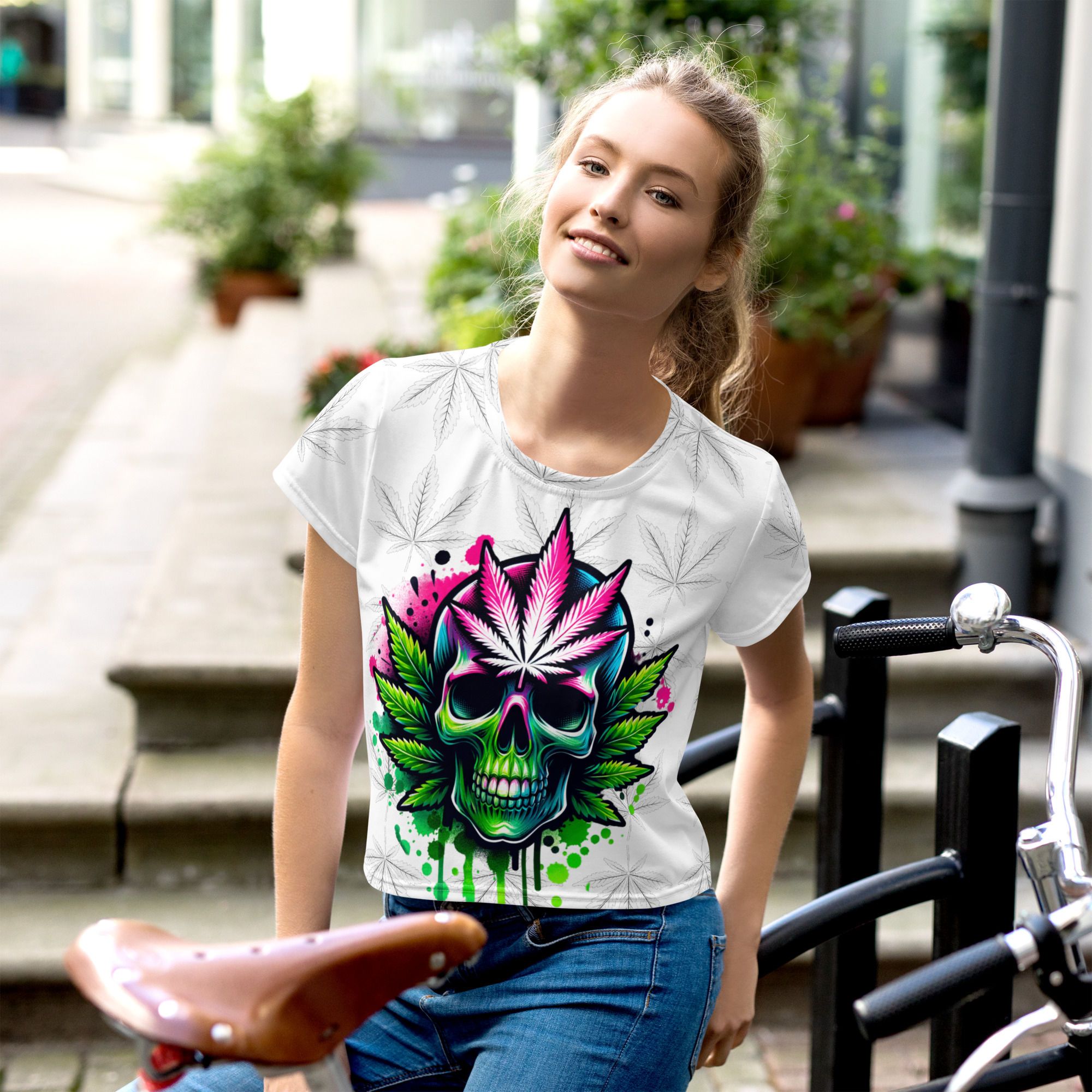 skull withh pot leaf on the forehead on a white shirt