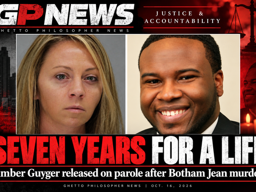 GP News graphic featuring former Dallas police officer Amber Guyger’s mugshot beside a smiling portrait of Botham Jean, the 26-year-old Black man she fatally shot inside his own apartment. Against a dramatic red-and-black background with scales of justice and memorial candles, the headline reads “SEVEN YEARS FOR A LIFE,” with the subheading “Amber Guyger released on parole after Botham Jean murder.” The graphic raises questions about racial disparities in the American criminal justice system and the value placed on Black lives.