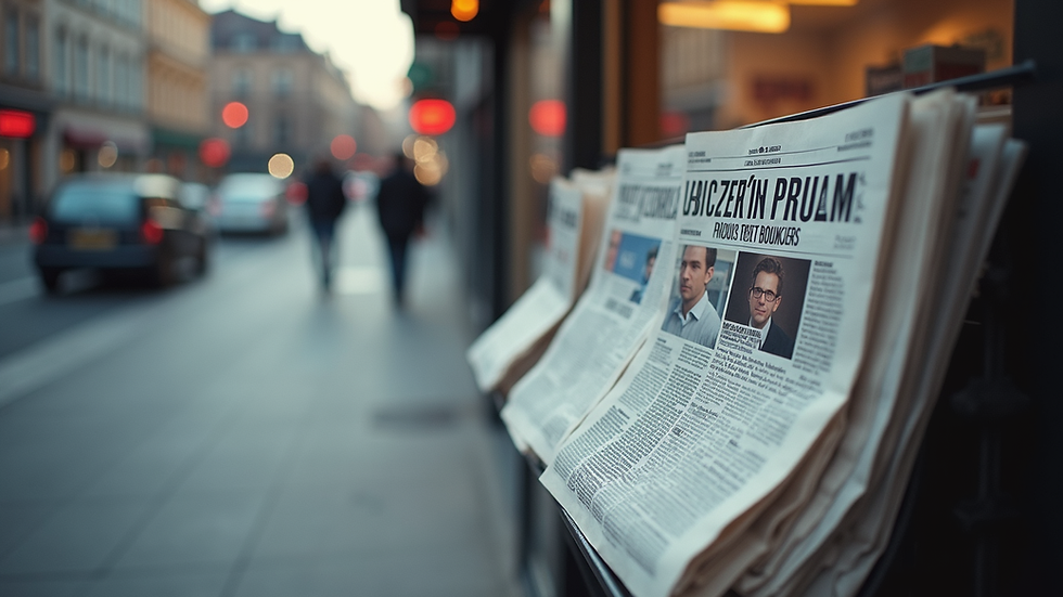 Eye-level view of a newspaper stand with diverse headlines