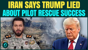 A graphic with bold headline text reading “Iran Says Trump Lied About Pilot Rescue Success,” featuring an Iranian military spokesperson speaking in uniform on the left, wreckage and smoke from destroyed aircraft in the background, and Donald Trump on the right looking downward with a serious expression.
