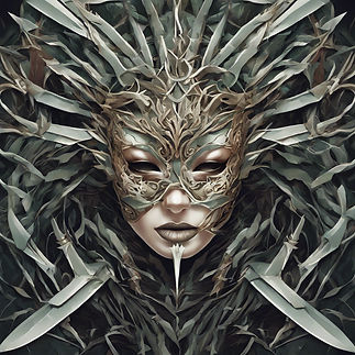 a mask of a woman surrounded by blades and daggers