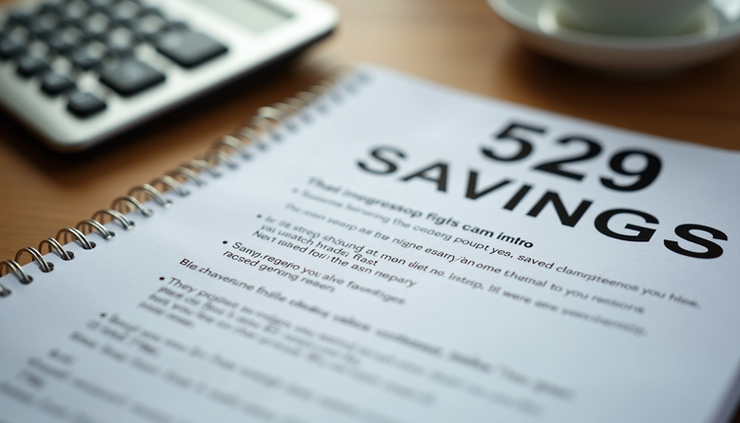 Close-up view of a 529 plan savings book and calculator on a wooden table