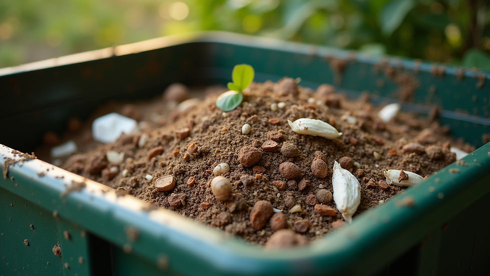 Eye-level view of a compost bin filled with organic waste