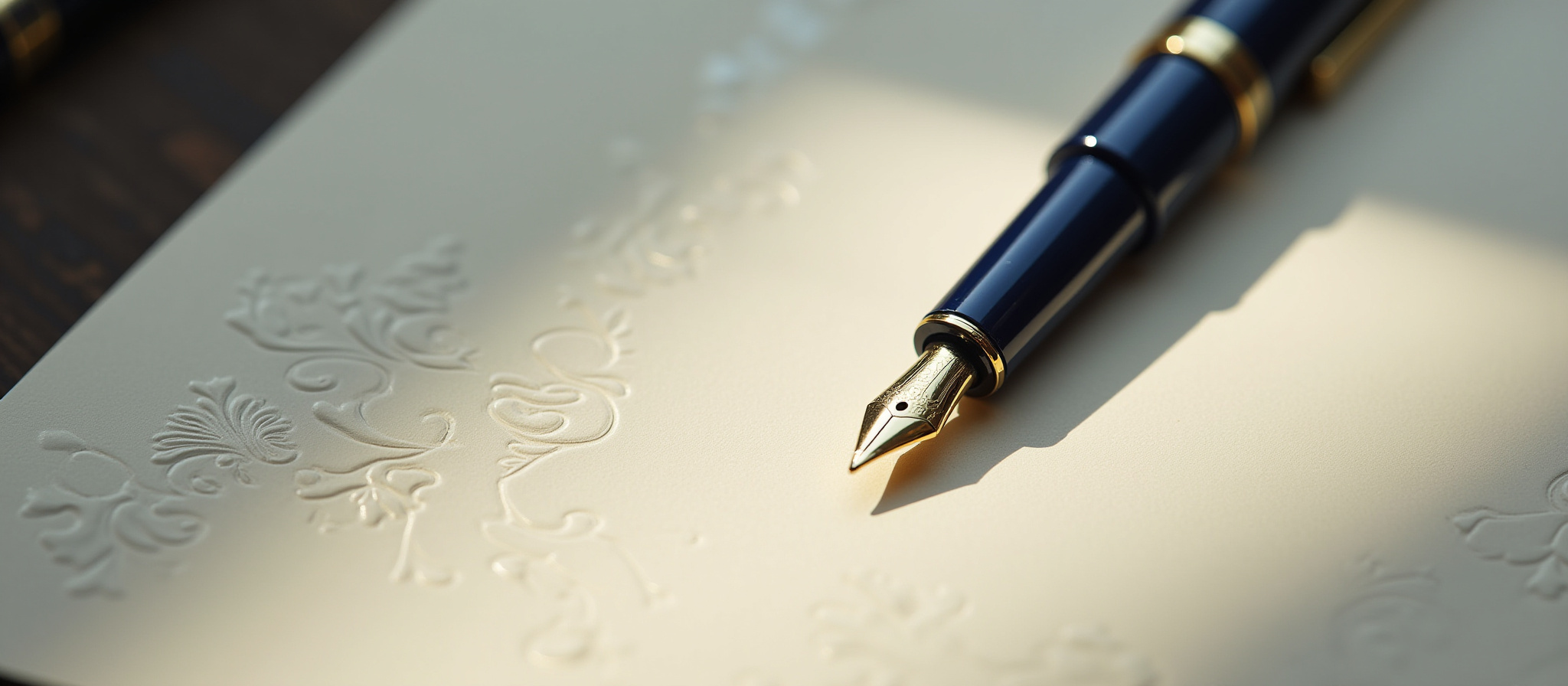 Caneta tinteiro azul e dourada sobre papel bege, escrita à mão e detalhada.
