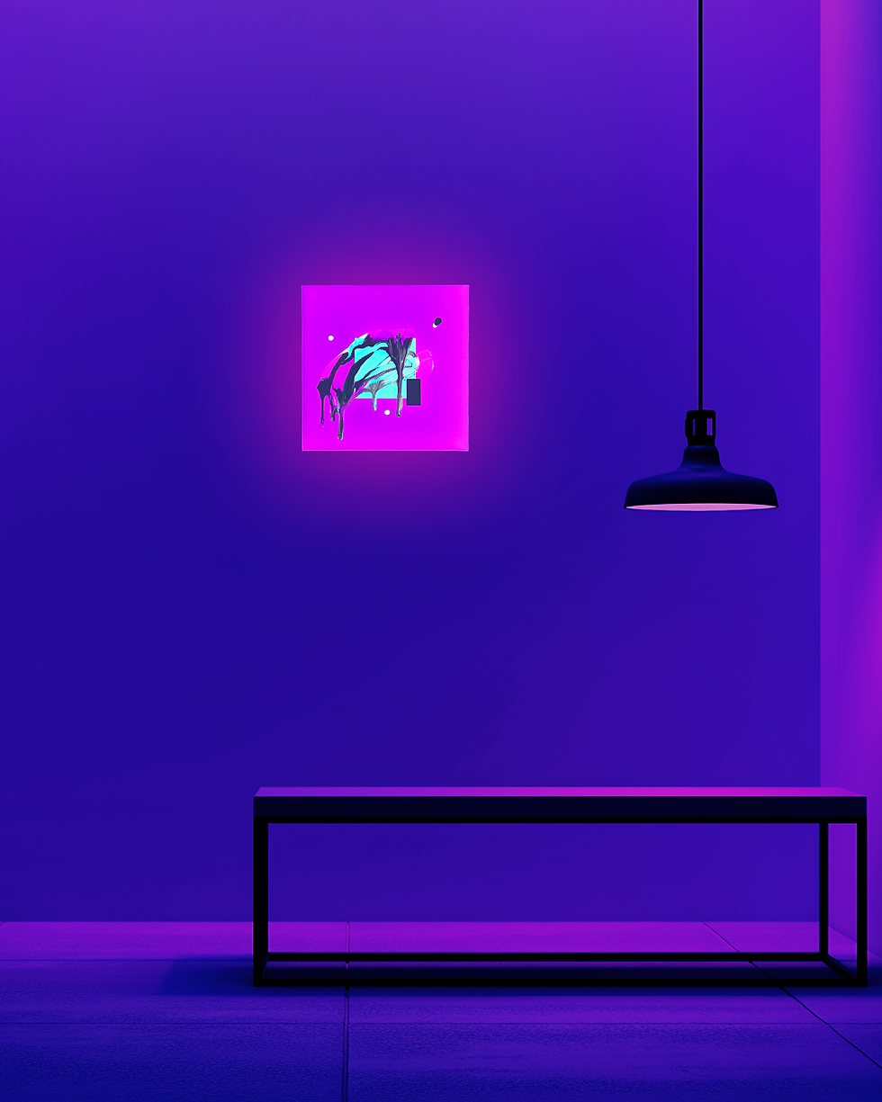 Thumbnail: Floating Drip Abstract on Fluorescent Pink Glass (12×12)