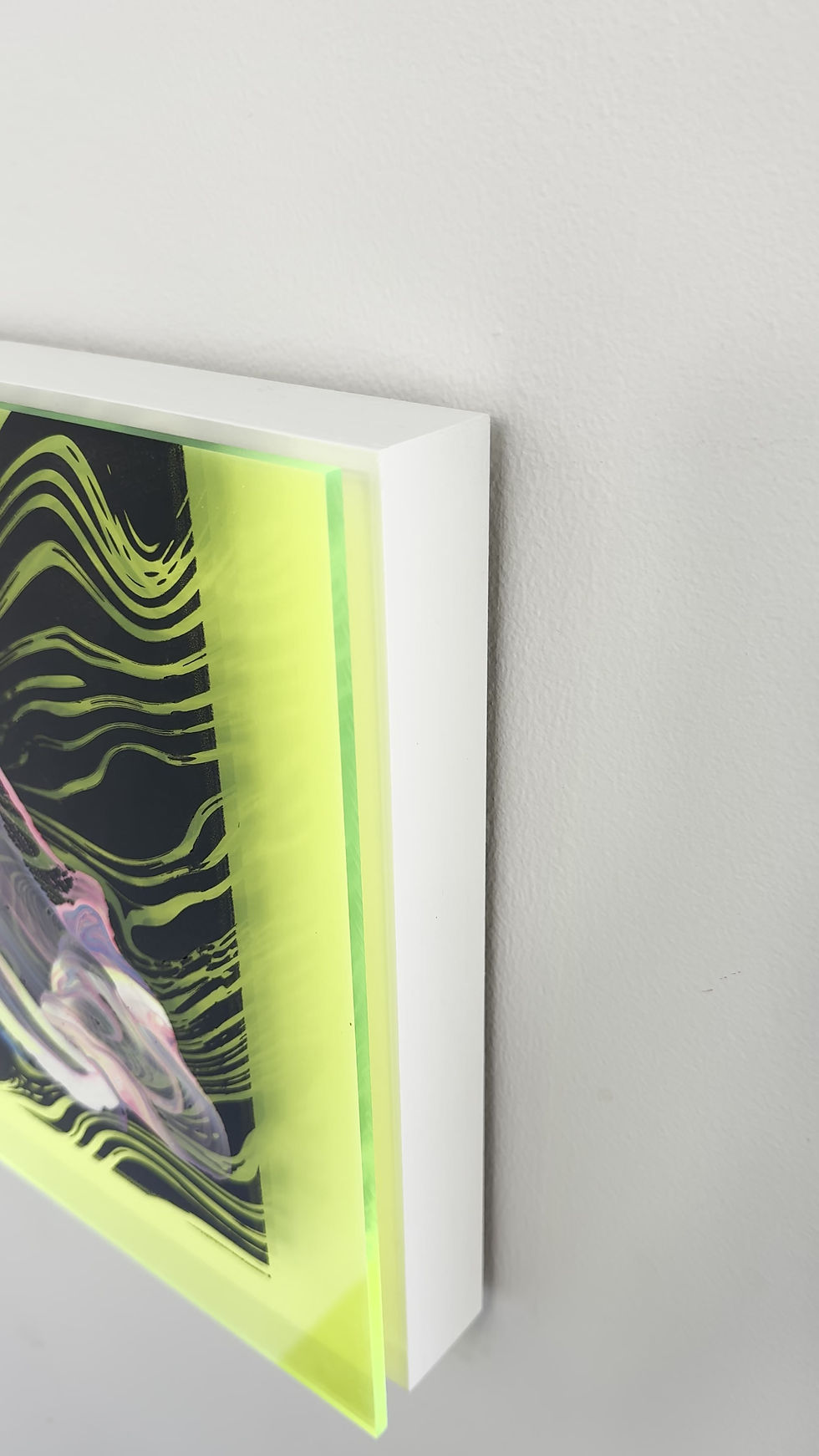 Thumbnail: Suminagashi Screen Print and Floating Acrylic on Fluorescent Green Glass - V2