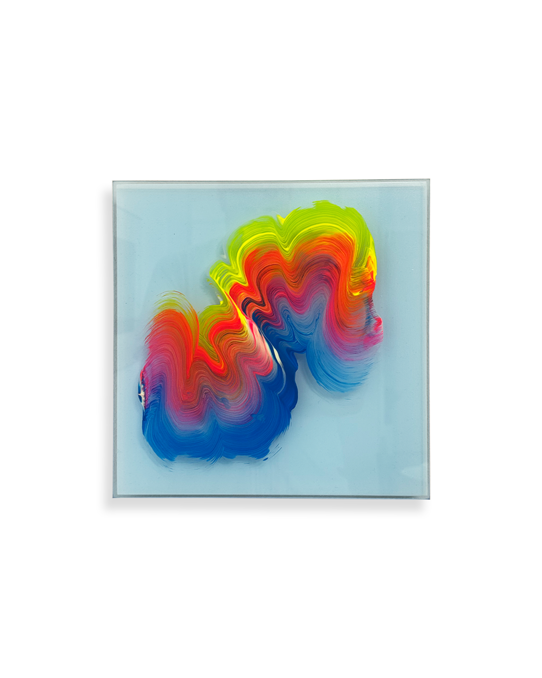 Floating Fluorescent Brushstroke on Blue Glass (12x12) - V2