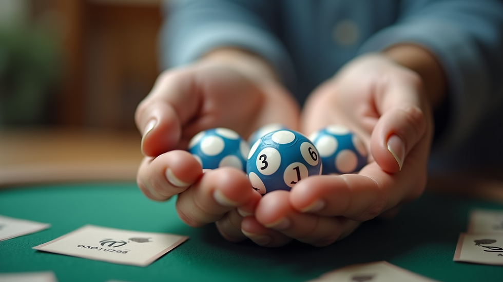 Close-up view of a hand holding lottery balls with numbers