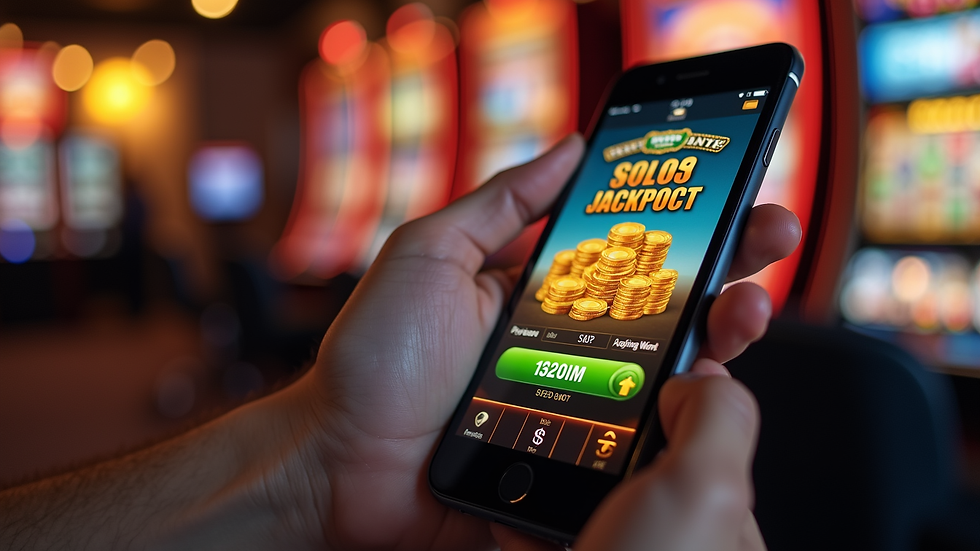 Close-up view of a hand holding a smartphone showing an online slot game with jackpot notification