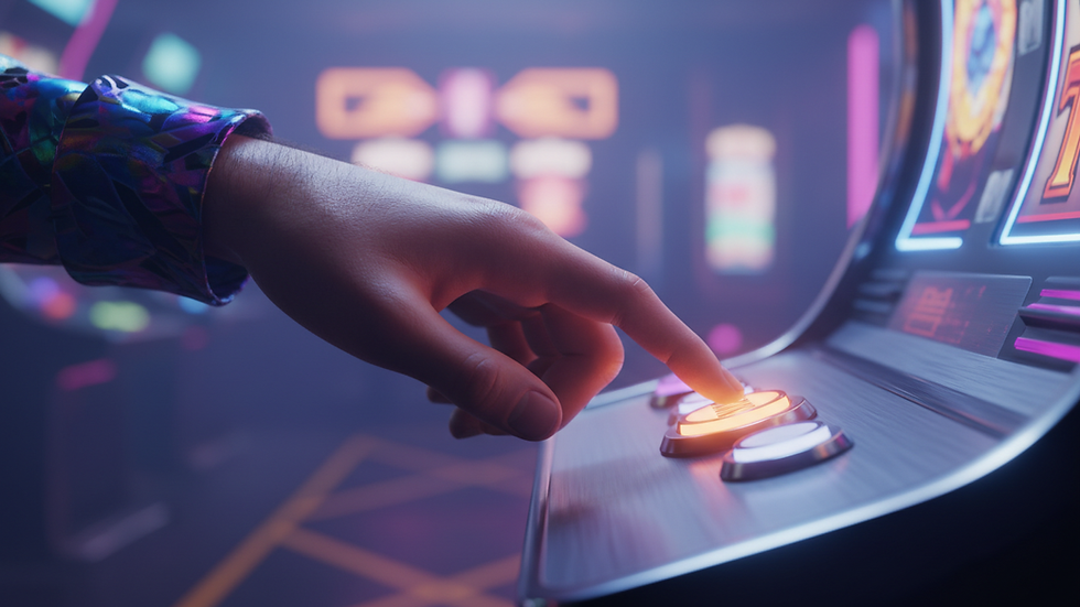 Close-up view of a hand pressing a spin button on a slot machine