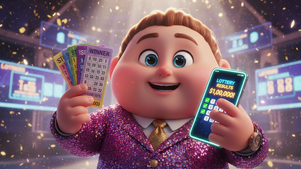 Close-up view of a hand holding lottery tickets and a smartphone showing lottery results