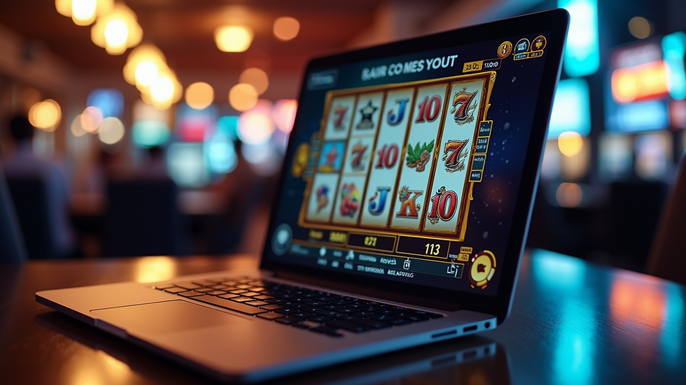 Eye-level view of a laptop screen showing an online slot game interface