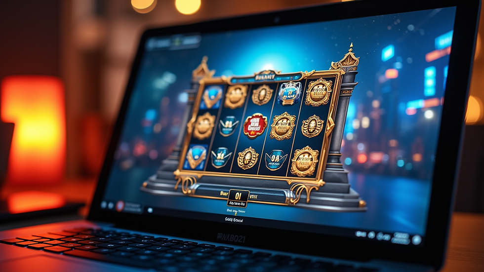 Eye-level view of a laptop screen showing an online slot game interface