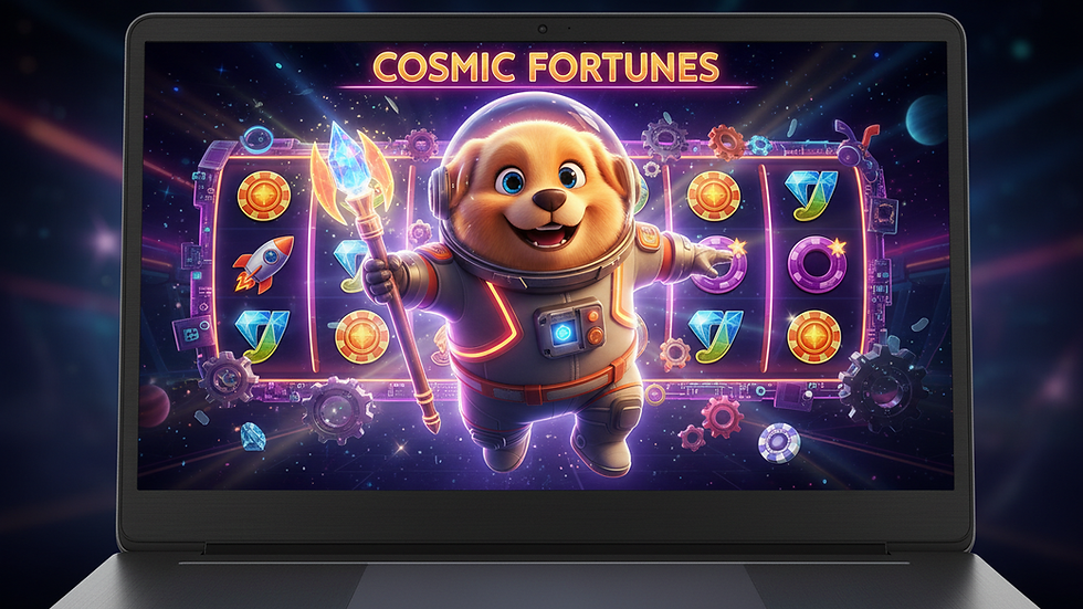 Eye-level view of a laptop screen showing an online slot game interface