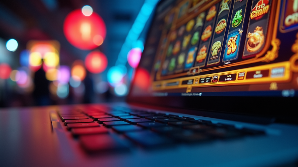 Eye-level view of a laptop screen showing an online slot game interface
