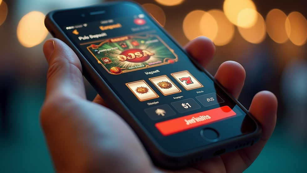 Close-up view of a hand holding a smartphone with a slot game and pulsa deposit screen