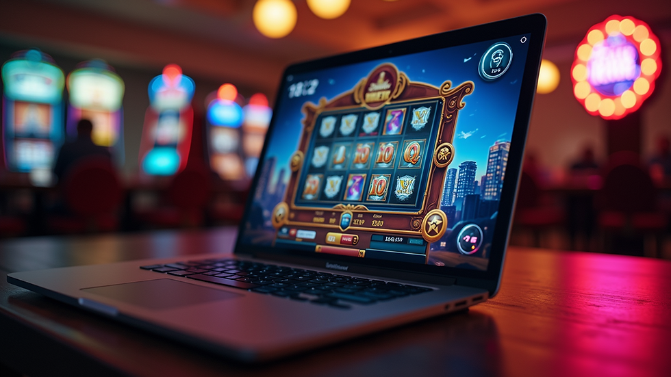 Eye-level view of a laptop screen showing an online slot game interface