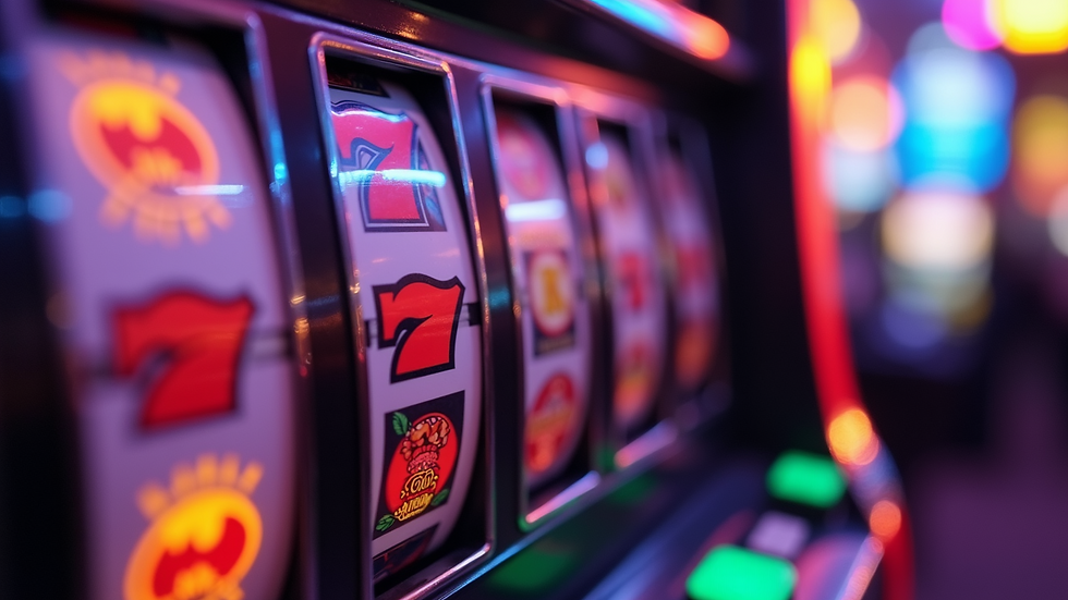 Close-up view of colorful slot machine reels spinning