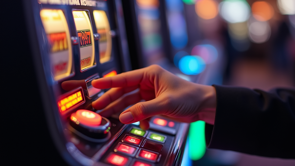 Close-up view of a hand pressing a spin button on a slot machine