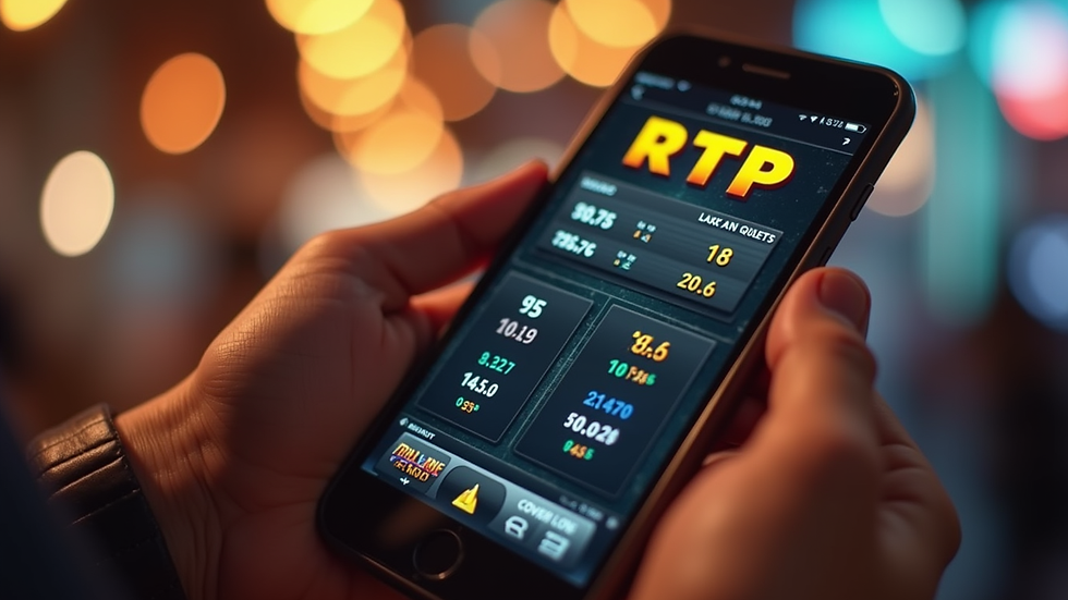 Close-up view of hand holding smartphone showing slot game RTP stats