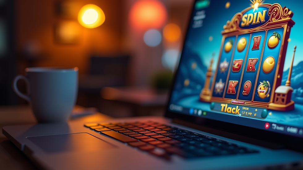 Eye-level view of a laptop screen showing an online slot game interface